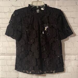 WAYF NWT lace sheer floral pattern black mock neck blouse in XS